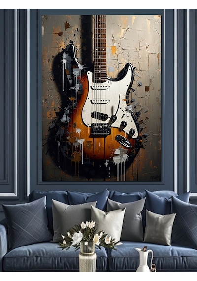 Ahşap Tablo Teknik Çizimli Elektro Gitar Çocuk Odası Tabloları