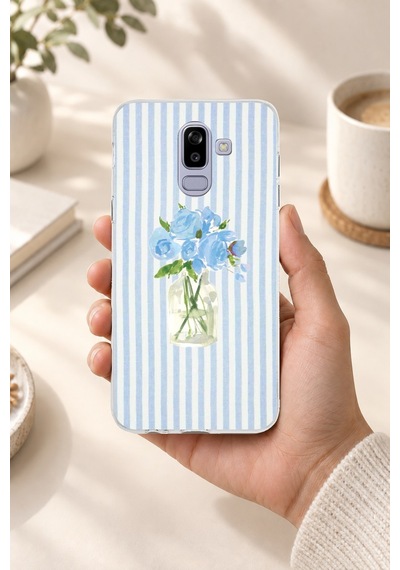 Samsung Galaxy J8-a6 Plus Uyumlu Mavi Çizgili Sulu Boya Çiçek Baskılı Silikon Kılıf