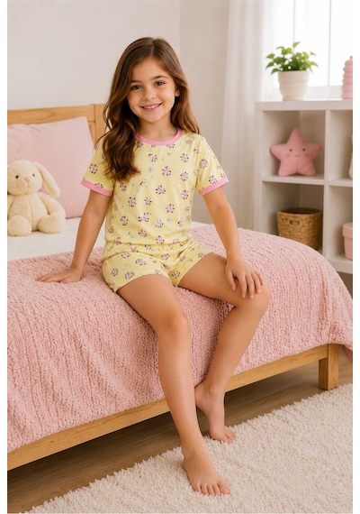 Tenra Kız Çocuk Pamuklu Şortlu Pijama Takımı 3-12 Yaş Sarı
