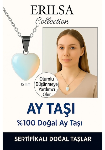 Erilsa Sertifikalı Kalp Model Mini Ay Taşı Kolye Duygusal Denge Ve Diş Çok Renkli