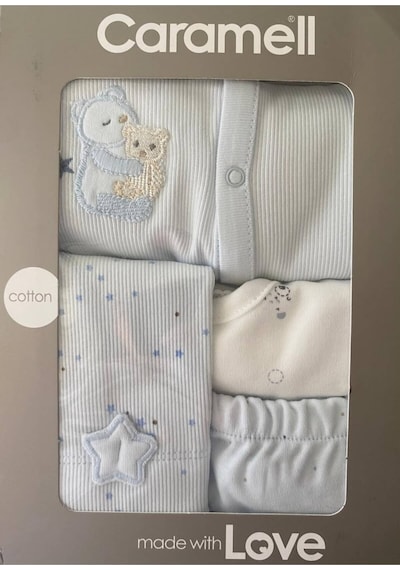Altıntaş Baby Caramell Özel Kutusunda Yıldızlı Ayıcık Tulumlu 4'lü Set Mavi Mavi