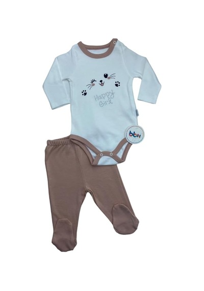 Mebs Clothing Kız Bebek Body Takım, Somon Body, Kedi Baskılı Ve Taş Süslemeli, Çıtçıtlı Çok Renkli