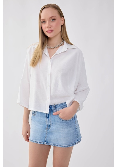 Vitrin Düşük Omuz Krinkıl Kumaş Crop Gömlek Ekru