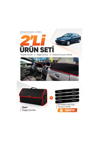 Renault Laguna 1 Aırbagli 2000-2007 Uyumlu Torpido Örtüsü + Deri Çanta Seti - Siyah Kırmızı