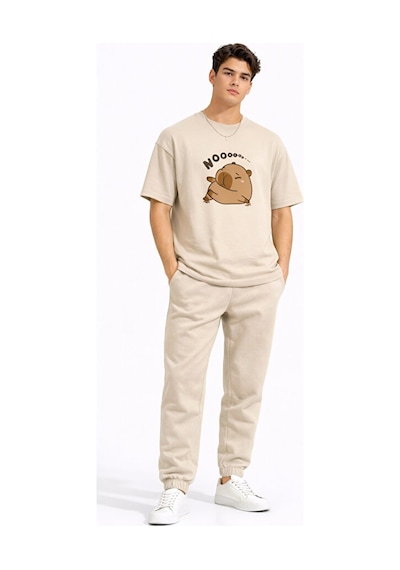 Nevermind Sevgili Kombini Eğlenceli Baskılı Çift Tişört Oversize Unisex Par Bej