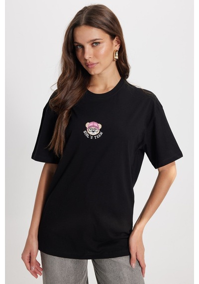 Tudors Kadın Oversize Geniş Kesim %100 Pamuk Bisiklet Yaka Kısa Kollu Baskıllı Siyah Tişört -50798