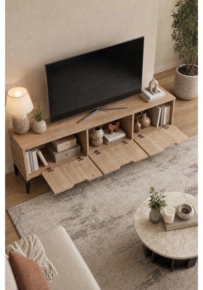 Sulorahome Bej Sepet Desenli Suntalam Tv Sehpası 160x35 Cm Açık Ceviz