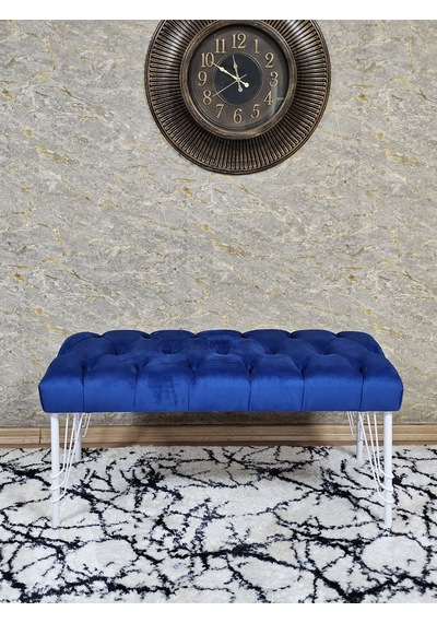 Zafir Beyaz Boyalı Tel Ayaklı 90 Cm Puf Bench - Puf - Bench - Kasalı Oturak - Oturak - Yatak Ucu Puf Mavi
