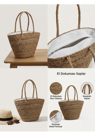 Hbs Art Design El Dokuması Hasır Plaj Çantası - İçi Astarlı, Fermuarlı, Dayanıklı Askılı Yazlık Omuz Çantası Açık Kahverengi