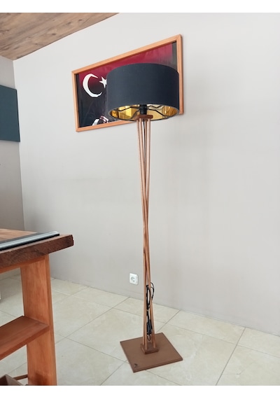 Ahşap Lambader- Siyah Gold Başlık- Koyu Meşe Köşe Aydınlatması Altın - Siyah