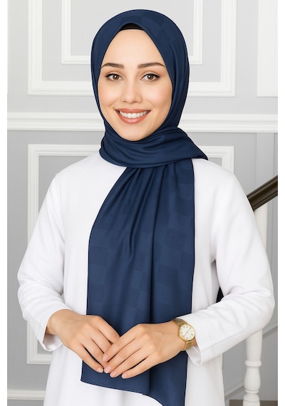 Mim Eşarp Emproyal Silver Jakar Dama Desenli Şal 75x190 Cm Lacivert