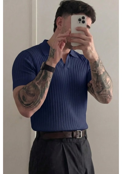 Tarz Cool Premium Fitilli Triko Polo Yaka Erkek Old Money T-shirt Lacivert