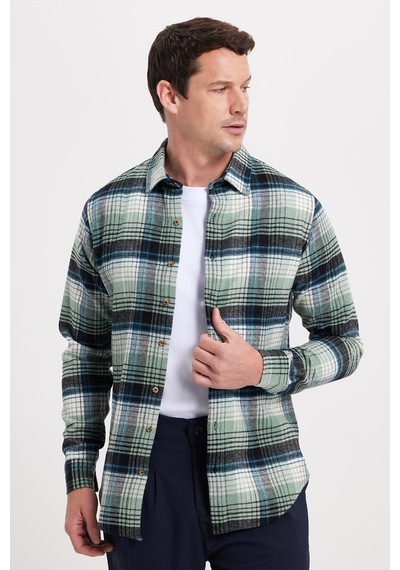 Tudors Erkek Slim Fit Dar Kesim Kareli Kışlık Oduncu Gömlek-42380 Mint