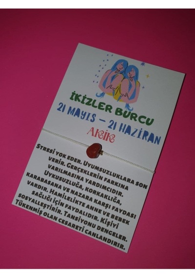 Gümüştel El Sanatları Sertifikalı Ikizler Burcu Akik Doğal Taşlı Ip Burç Bilekliği Çok Renkli