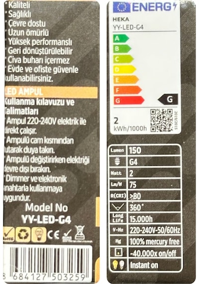 2 Adet Heka 2w 14w 3000k Sarı Işık G4 Duylu Dim Edilebilir Led Kapsül Ampul