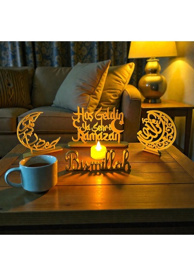 Led Mumlu Hoş Geldin Ya Şehr-i Ramazan Dekor Seti 3 Lü Hilal & Bismillah Masaüstü İslami Dekor