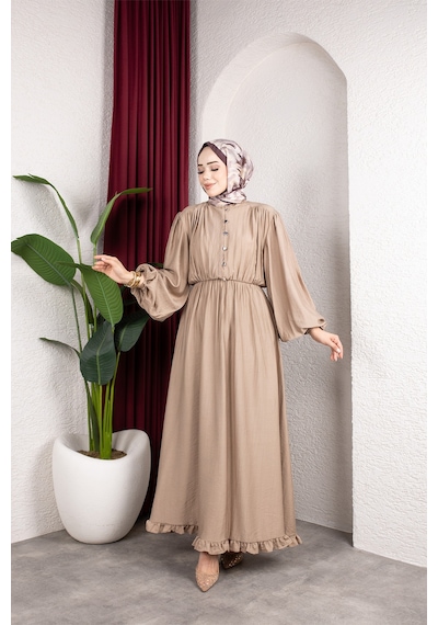 Hira Life Fashion Kadın Çilek Kumaş Ve Önü Düğmeli Eteği Fırfırlı Hakim Yaka Elbise Bej Bej