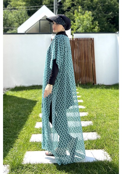 Remsa Tesettür Mayo Üzerine Desenli Tek Kaftan Pareo 430-306 Mint Mint Yeşili