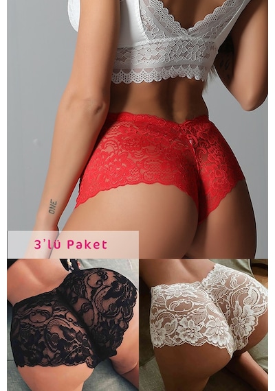 Mtm My The Mall Kadın Siyah Beyaz Kırmızı 3'lü Paket Dantel Tanga Şort Külot Çok Renkli