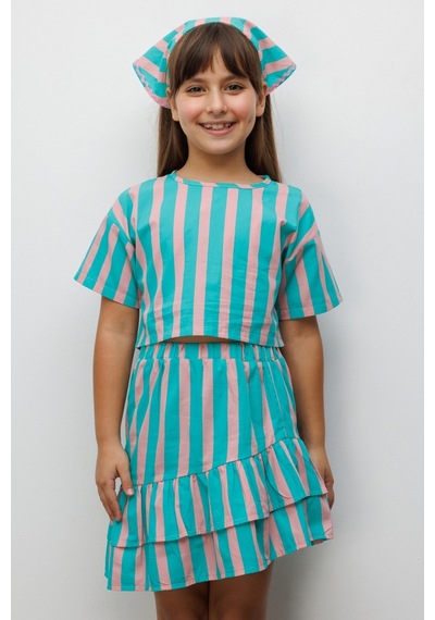 Le Mabelle Mint Çizgili Kız Çocuk Crop Etek İkili Takım - Cora Mint