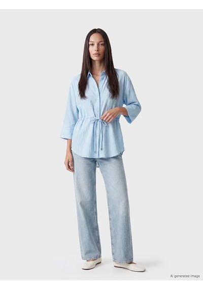 Lcw Everyday Mavi Çizgili Oversize Armürlü Kadın Gömlek