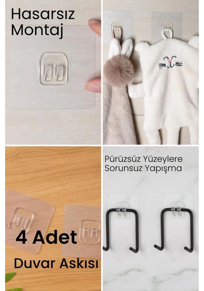 4 Adet Güçlü Çerçeve Askısı Yapışkanlı Raf Tutucu Banyo Askı Kanca Şeffaf Diğer
