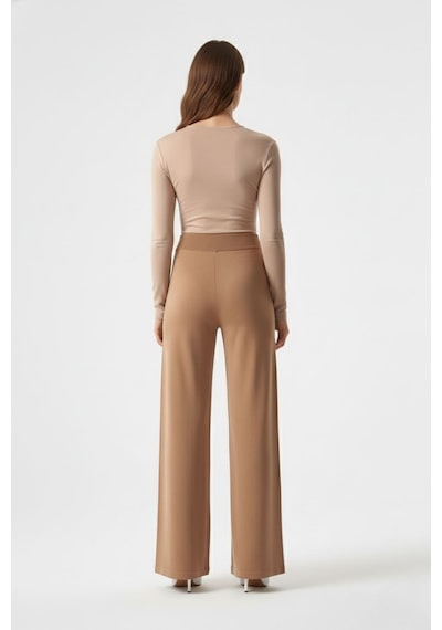 Mizalle Geniş Paça Lastikli Camel Triko Pantolon Camel