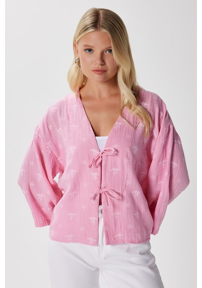 Ritnice Kadin Flora Müslin Kabartma Dokulu Pembe Kimono Pembe