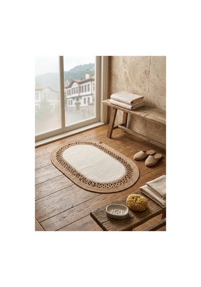 Oval Örgü Desenli Pelüş Detaylı 2'li Kahverengi Hasır Dekoratif Paspas 60x100 / 50x60 Kahverengi Kahverengi