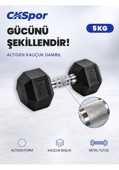 Ckspor 5 Kg Altıgen Kauçuk Dambıl Hex Dumbbell Fitness Kuvvet Antrenmanı Ağırlığı