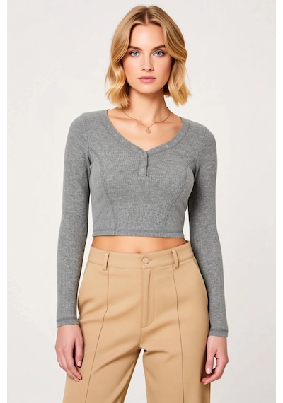 Benerly Kadın Bluz Crop Fitted V Yaka Uzun Kol Çıtçıt Detaylı Örme Ribana Gri Melanj