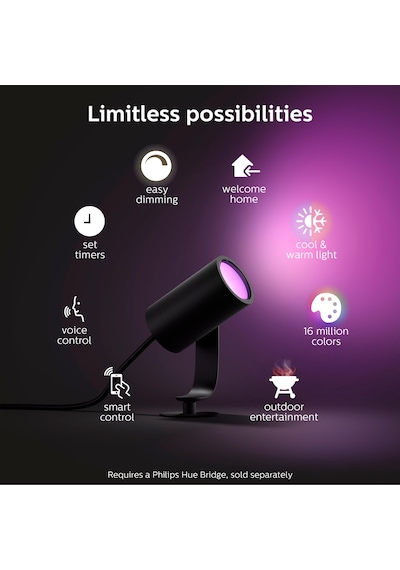 Philips Hue Lily Outdoor Akıllı Renkli Bahçe Spotu 1x8W, Güç Adaptörü Dahildir