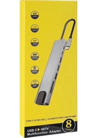 Hytech Hy-usbc82 4k 30hz Gri Metal 2xusb3.0, 1xusb2.0, 1000mbps Pd, Typec Data, Sd/tf Kart Okuyucu T