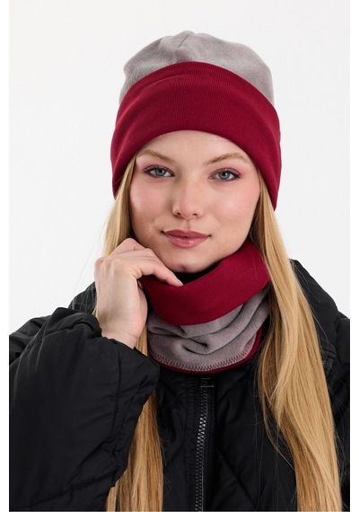 Butikgiz Kadın Dış Kısım Polar, İç Kısım Kaşkorse Pamuklu, Çift Renk, Çift Kat, Katlanabilir Bere Boyunluk Set Gri-bordo