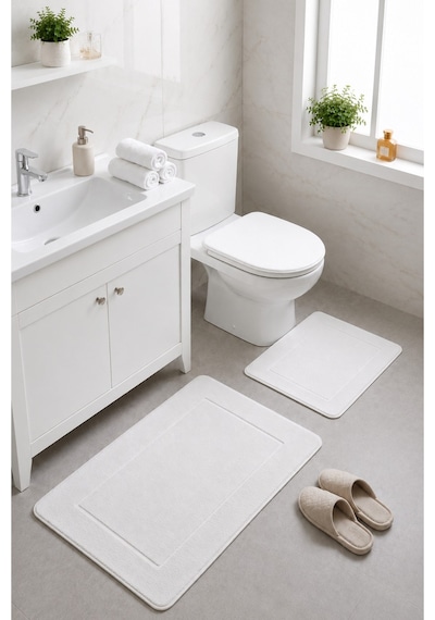 Beyaz 3'lü Banyo Halısı Paspası Seti Kaymaz Tabanlı Yıkanabilir Klozet Takımı Venisa