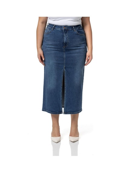 Disentis Büyük Beden Önden Yırtmaç Detaylı Beş Cepli Midi Denim Mavi Etek-mavi Mavi
