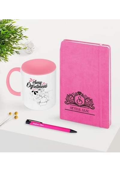 Kişiye Özel Sınıf Öğretmeni Temalı Pembe Defter Kalem Kupa Seti -