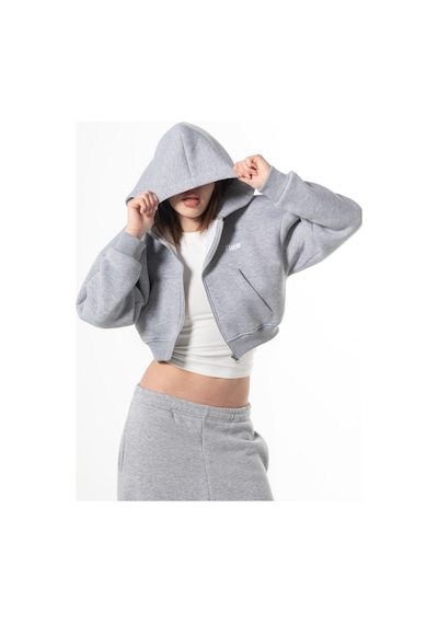Flaw Nakışlı Zip Crop-28838 Gri Melanj
