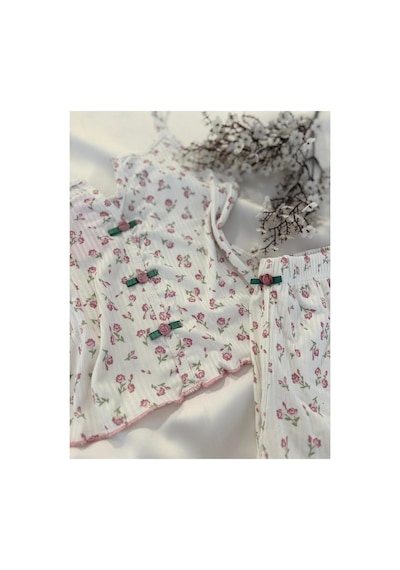 Mh Moony Homewears 2'li Harika Çiçek Detaylı Özel Kumaş Şortlu Pijama Takımı Pudra