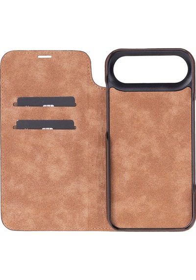Bloomcase Sonat Mahogany Saddle Hakiki Deri Apple Uyumlu iPhone 17 Air 6.5" Folio Kılıfı Kahverengi