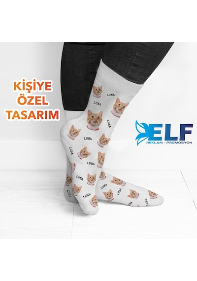 Elf Reklam Kişiye Özel Hayvan Figürlü Çorap Beyaz
