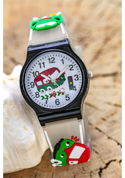 Erkek Çocuk Siyah Kasa Füme Silikon Kordon Araba Desenli Analog Kol Saati St-304443 Beyaz