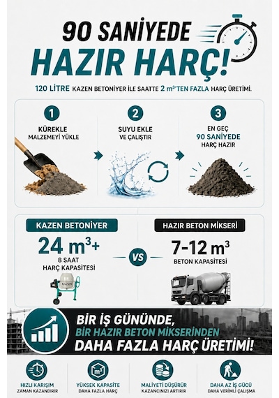 Kazen 180 Litre - Orta Boy Betoniyer Beton Mikser Beton Harç Yem Tohum Karma Makinesi - 3. Nesil