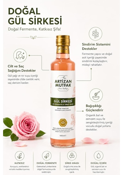 Artizan Mutfak Gül Sirkesi 500 Ml Rosa Damascena Gülü Organik Bal İle Doğal Fermantasyon Meşe Fıçıda Olgun