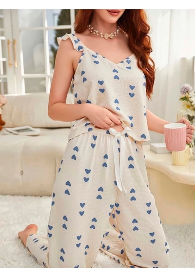 Bezos Kadın Ekru Mavi Kalp Desenli Yumuşak Pamuklu Uzun Pijama Takımı 5137