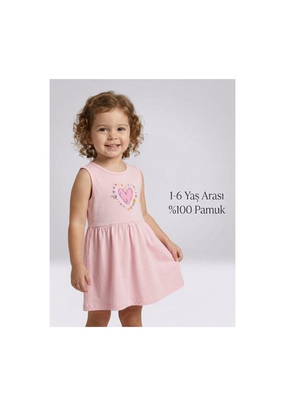 Ketbaby Kız Çocuk Kalp Desenli Pembe Elbise 1-6 %100 Pamuklu 1-6 Yaş Pembe Pembe