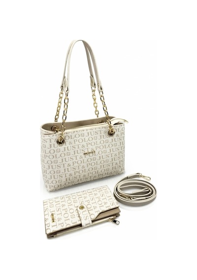 Just Polo Özel Günlere Uygun Baskılı Şık Omuz Çantası Ve Cüzdanı Kombin Shopper Krem