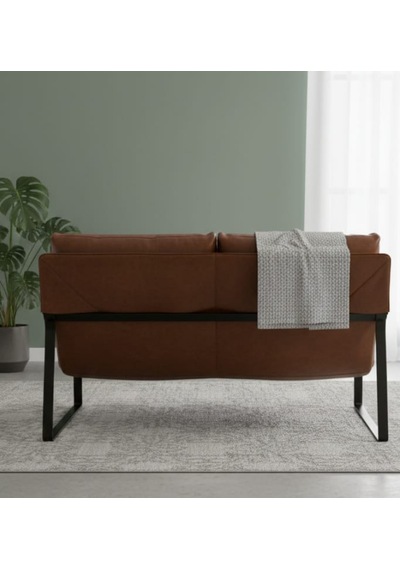 Sller Modern İkili Koltuk - Loft Tasarım Deri/kumaş Bahçe Ve Balkon Kanepesi - Metal İskeletli 130 Cm Taba