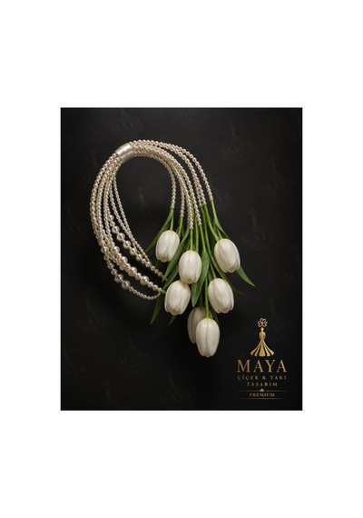 Maya Perla Premium - İnci Kemerli Lale Gelin Çiçeği Beyaz