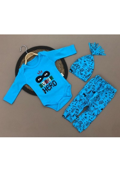 Mnk Baby & Kids Super Hero Kukuleta Şapkalı Badili 3lü Bebek Takımı Turkuaz